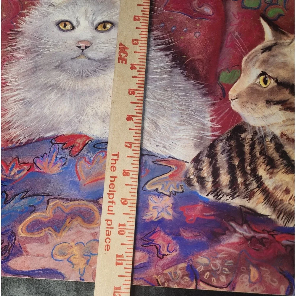 Vtg Cat Cork Backed Mat/Art White Persian & Tabby 17x11.5 Kitchy/Frame as Pic.